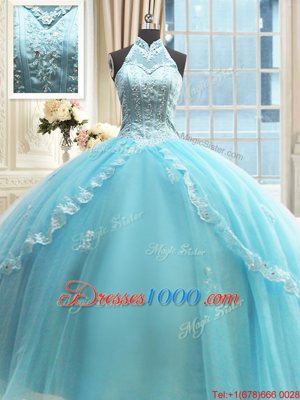 Custom Designed Halter Top Sleeveless Lace Up Quinceanera Dress Aqua Blue Tulle