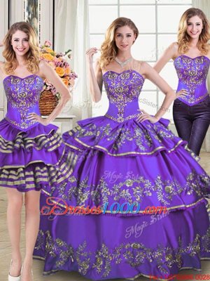 Three Piece Ruffled Ball Gowns Ball Gown Prom Dress Eggplant Purple Sweetheart Taffeta Sleeveless Floor Length Lace Up