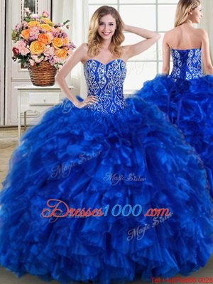 Royal Blue 15 Quinceanera Dress Military Ball and Sweet 16 and Quinceanera and For with Beading and Ruffles Sweetheart Sleeveless Brush Train Lace Up
