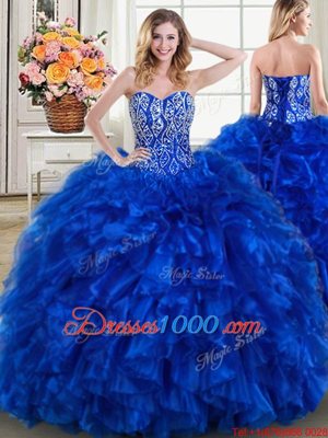 Royal Blue 15 Quinceanera Dress Military Ball and Sweet 16 and Quinceanera and For with Beading and Ruffles Sweetheart Sleeveless Brush Train Lace Up