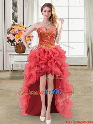 Enchanting Coral Red Organza Lace Up Sweetheart Sleeveless High Low Casual Dresses Beading and Ruffles