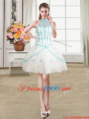 Top Selling See Through Ball Gowns Party Dress Wholesale White Halter Top Tulle Sleeveless Mini Length Lace Up