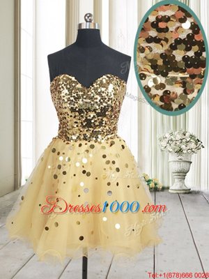 Gold Sleeveless Sequins Mini Length Prom Evening Gown