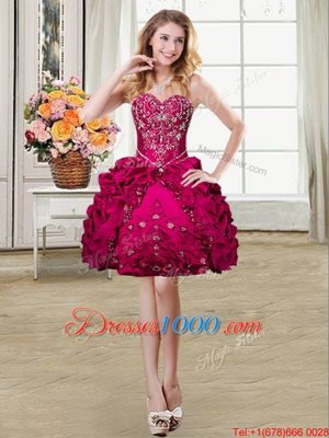 Simple Sweetheart Sleeveless Club Wear Mini Length Beading and Embroidery and Pick Ups Fuchsia Organza and Taffeta