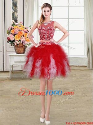 Beauteous Scoop Red Zipper Winning Pageant Gowns Beading and Ruffles Sleeveless Mini Length
