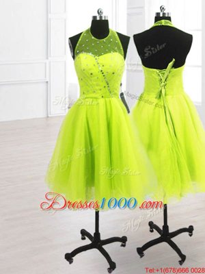 Pretty High-neck Sleeveless Prom Dresses Knee Length Sequins Yellow Green Organza