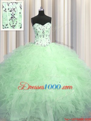 Glittering Visible Boning Apple Green Ball Gowns Beading and Appliques and Ruffles Sweet 16 Dresses Lace Up Tulle Sleeveless Floor Length