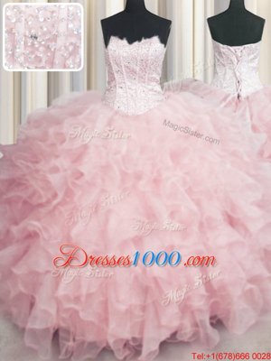Top Selling Visible Boning Scalloped Baby Pink Sleeveless Beading and Ruffles Floor Length Quinceanera Gowns