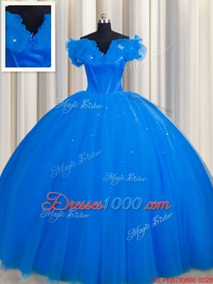 Fine Royal Blue Tulle Lace Up Off The Shoulder Short Sleeves With Train Vestidos de Quinceanera Court Train Ruching