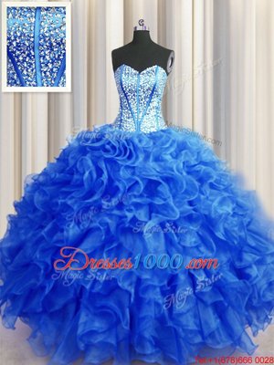 Visible Boning Beaded Bodice Royal Blue Sleeveless Beading and Ruffles Floor Length Quinceanera Gowns