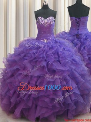 Cute Beaded Bust Purple Lace Up Sweetheart Beading and Ruffles Ball Gown Prom Dress Organza Sleeveless