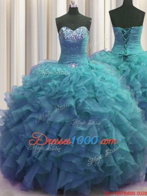 Luxury Beaded Bust Sleeveless Floor Length Beading and Ruffles Lace Up Sweet 16 Dresses with Teal