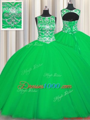 Scoop Floor Length Green Ball Gown Prom Dress Tulle Sleeveless Beading