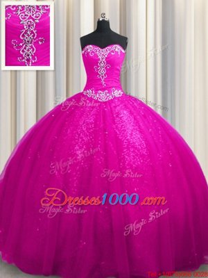 Sequined Fuchsia Quinceanera Dresses Military Ball and Sweet 16 and Quinceanera and For with Beading and Appliques Sweetheart Sleeveless Court Train Lace Up