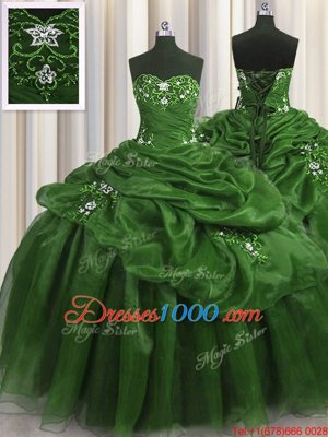 Smart Sweetheart Sleeveless Vestidos de Quinceanera Floor Length Beading and Appliques and Pick Ups Green Organza