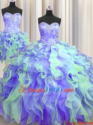 Three Piece Organza Sleeveless Floor Length Sweet 16 Dress and Beading and Appliques and Ruffles