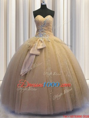 Sequined Sleeveless Beading and Bowknot Lace Up Quince Ball Gowns