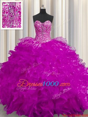 Hot Sale See Through Fuchsia Quinceanera Gowns Military Ball and Sweet 16 and Quinceanera and For with Beading and Ruffles Sweetheart Sleeveless Lace Up