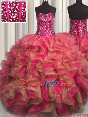 Visible Boning Beaded Bodice Multi-color Organza Lace Up Quinceanera Gowns Sleeveless Floor Length Beading and Ruffles