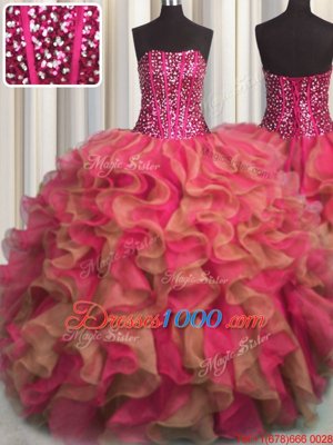 Visible Boning Beaded Bodice Multi-color Organza Lace Up Quinceanera Gowns Sleeveless Floor Length Beading and Ruffles