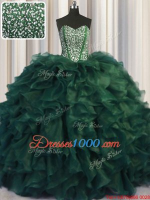Visible Boning Two Tone Organza Sleeveless Floor Length 15th Birthday Dress and Beading and Ruffles