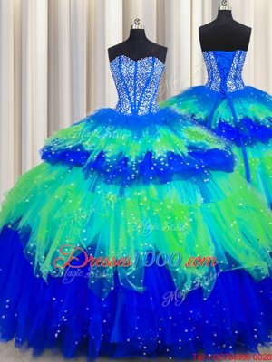 Bling-bling Visible Boning Multi-color Sleeveless Tulle Lace Up Quinceanera Gown for Military Ball and Sweet 16 and Quinceanera