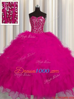 Dazzling Visible Boning Floor Length Fuchsia 15 Quinceanera Dress Tulle Sleeveless Beading and Ruffles and Sequins