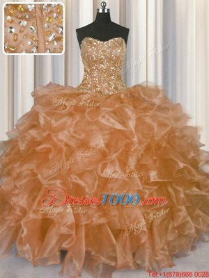Custom Made Visible Boning Champagne Sleeveless Floor Length Beading and Ruffles Lace Up Sweet 16 Quinceanera Dress