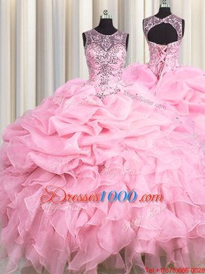 Scoop See Through Baby Pink Lace Up 15 Quinceanera Dress Beading and Ruffles and Pick Ups Sleeveless Floor Length