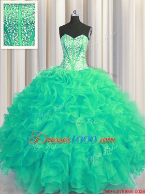 Visible Boning Beaded Bodice Sweetheart Sleeveless Lace Up Sweet 16 Quinceanera Dress Turquoise Organza