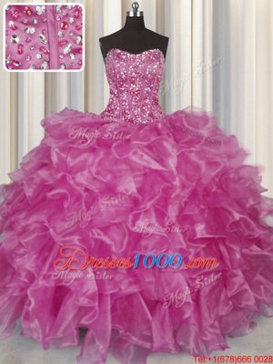 Visible Boning Fuchsia Lace Up Quince Ball Gowns Beading and Ruffles Sleeveless Floor Length