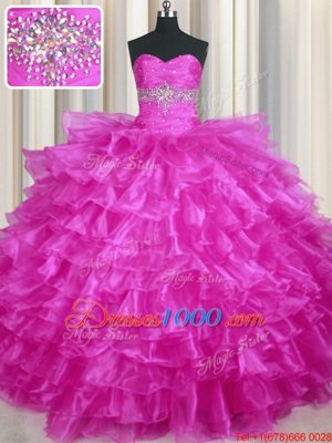 Lovely Beading and Ruffled Layers Quinceanera Gowns Fuchsia Lace Up Sleeveless Floor Length