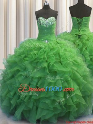 Suitable Beaded Bust Green Sweetheart Neckline Beading and Ruffles Quinceanera Gowns Sleeveless Lace Up