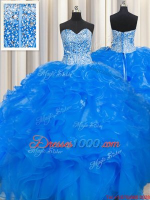 Custom Design Visible Boning Beaded Bodice Blue Sweet 16 Dresses Military Ball and Sweet 16 and Quinceanera and For with Beading and Ruffles Sweetheart Sleeveless Lace Up
