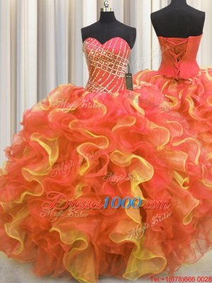 Deluxe Leopard V Neck Multi-color Organza Lace Up Quinceanera Dress Sleeveless Floor Length Beading and Ruffles