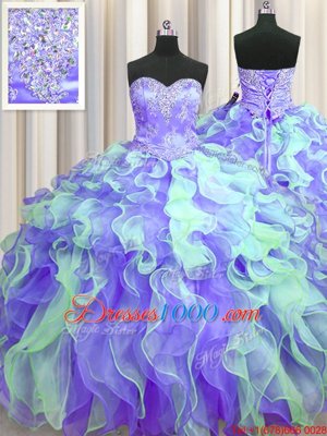 Sleeveless Organza Floor Length Lace Up Ball Gown Prom Dress in Multi-color for with Beading and Appliques and Ruffles