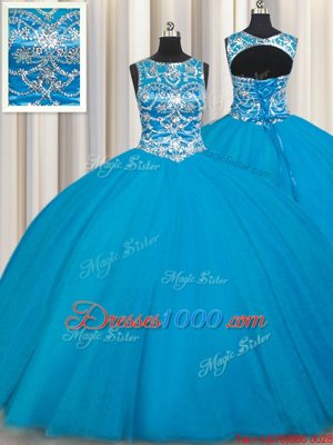 Scoop Tulle Sleeveless Floor Length 15 Quinceanera Dress and Beading