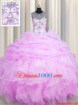 Eye-catching See Through Pick Ups Floor Length Lilac Quinceanera Dresses Scoop Sleeveless Lace Up