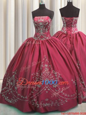 Taffeta Strapless Sleeveless Lace Up Beading and Embroidery Quinceanera Dresses in Coral Red