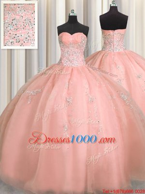 Puffy Skirt Watermelon Red Ball Gowns Beading and Appliques 15th Birthday Dress Zipper Organza Sleeveless Floor Length