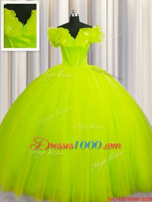 Vintage Yellow Green Ball Gowns Tulle Off The Shoulder Short Sleeves Ruching With Train Lace Up Quinceanera Gown Court Train