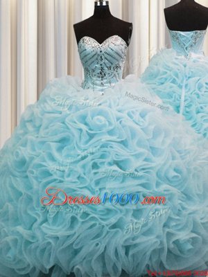 Rolling Flowers Sleeveless Beading and Pick Ups Lace Up Quinceanera Gowns with Aqua Blue Brush Train