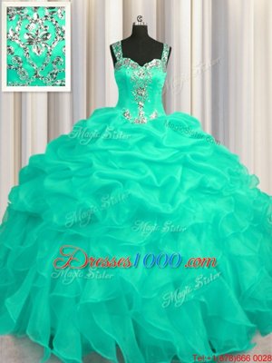 See Through Zipper Up Turquoise Ball Gowns Appliques and Ruffles 15th Birthday Dress Zipper Organza Sleeveless Floor Length