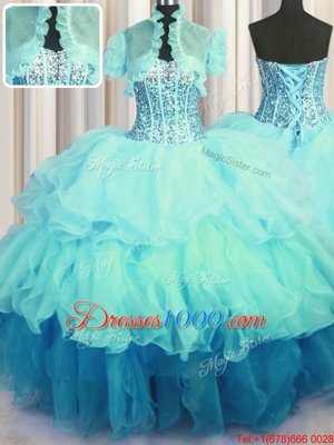 Fantastic Visible Boning Bling-bling Sweetheart Sleeveless Organza Quinceanera Dress Beading and Ruffled Layers Lace Up