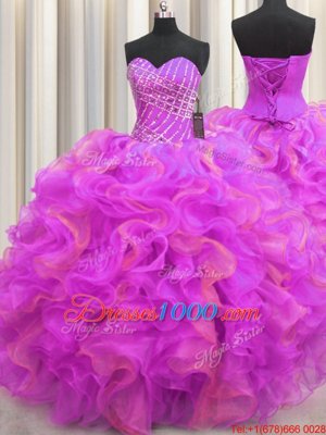 Leopard Two Tone V Neck Multi-color Sleeveless Floor Length Beading and Ruffles Lace Up Sweet 16 Quinceanera Dress