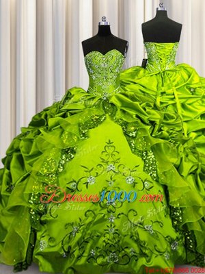 Floor Length Lace Up Quinceanera Gown Olive Green and In for Military Ball and Sweet 16 and Quinceanera with Beading and Embroidery and Ruffles and Sequins and Pick Ups