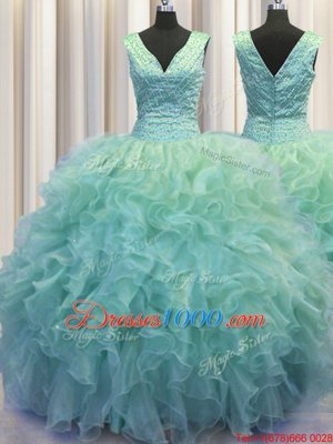 Glittering V Neck Zipper Up Floor Length Zipper Quinceanera Gowns Light Blue and In for Military Ball and Sweet 16 and Quinceanera with Ruffles