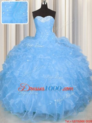 Edgy Floor Length Lace Up Ball Gown Prom Dress Baby Blue and In for Military Ball and Sweet 16 and Quinceanera with Beading and Ruffles