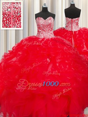 Visible Boning Pink Organza Lace Up Scalloped Sleeveless Floor Length Sweet 16 Dress Beading and Ruffles