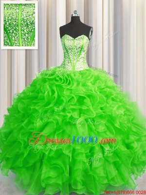 Cute Visible Boning Beaded Bodice Floor Length Sweet 16 Dress Organza Sleeveless Beading and Ruffles